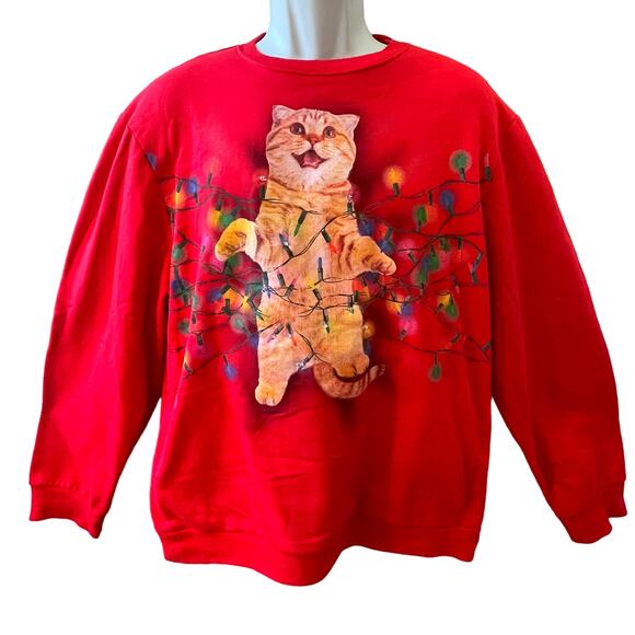 Fifth Sun ACK! Christmas Light Up Orange Cat Ugly Christmas Sweatshirt Size XL - Picture 1 of 4